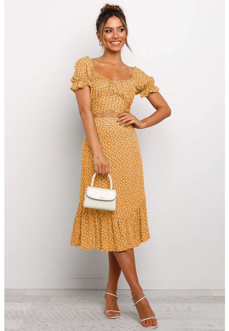 Costume deux pièces imprimé pour femmes, col rond, bretelles sexy, taille exposée, manches bouffantes, petite jupe longue à fleurs_voghion.com