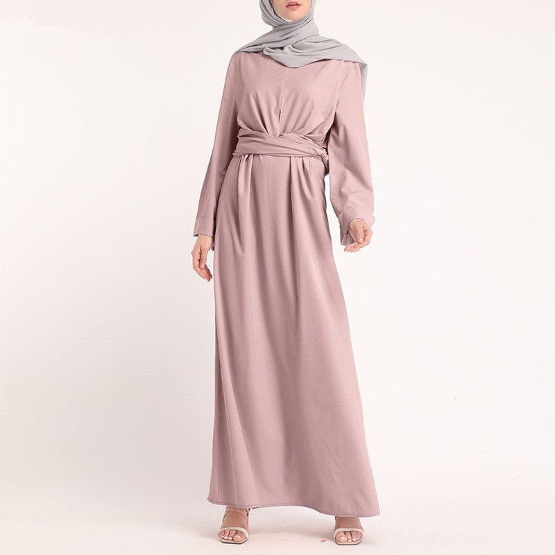 Arabic solid round neck long sleeved lace up waistband personalized Muslim women's robe sold in Malaysia_voghion.com