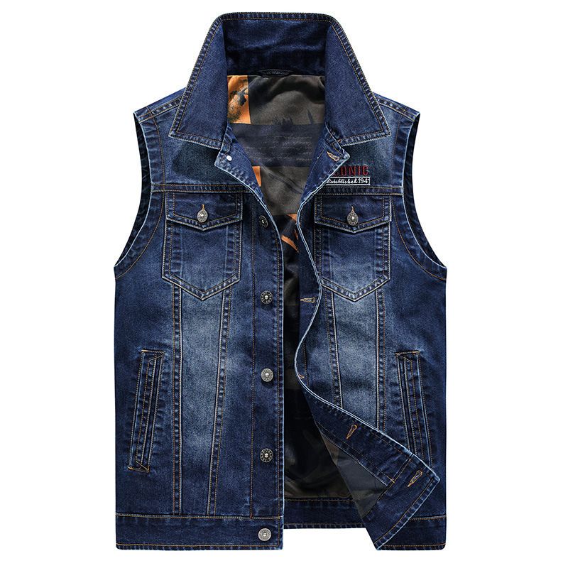Gilet en jean pour homme avec col à revers et multiples poches, veste sans manches décontractée et ample, grandes tailles (jusqu'à 4XL)_voghion.com
