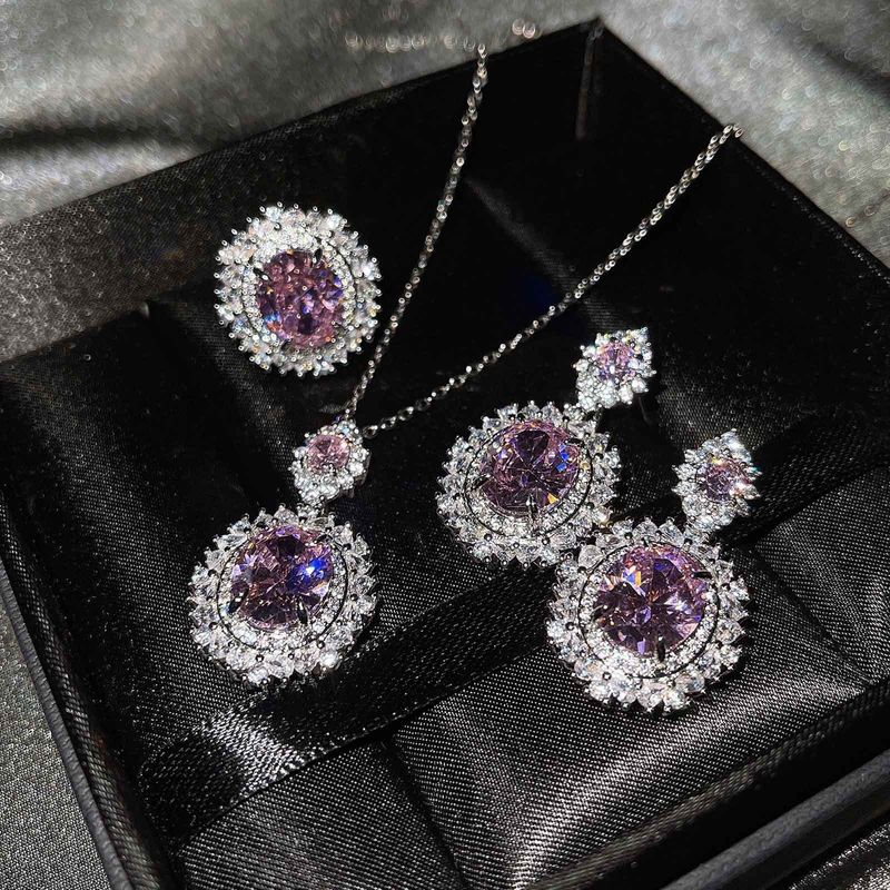 New Luxury Colorful Treasure Set with Sea Blue Topaz Ring, Yellow Crystal Earrings, Pink Diamond Necklace_voghion.com