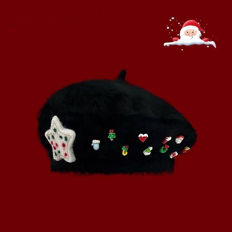 Boina de piel de conejo roja dulce con elementos navideños para mujer, cálida, de invierno, temperamento, moda, versátil, sombrero de pintor_voghion.com