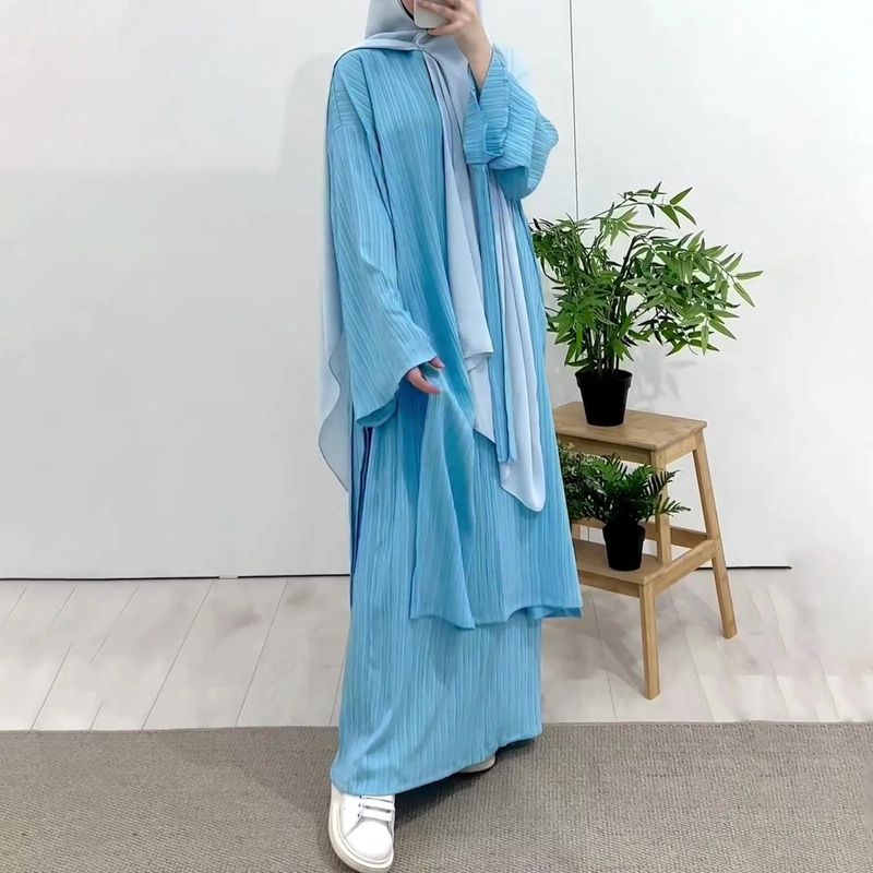 Women's Clothing Muslim Suits Mid Length Long Sleeve Pleated Robe Top And Skirt Set_voghion.com