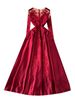 Abito da donna in rete a maniche lunghe, elegante abito rosso ricamato in rete a maniche lunghe – elegante abito da banchetto con silhouette a trapezio e vita alta_voghion.com