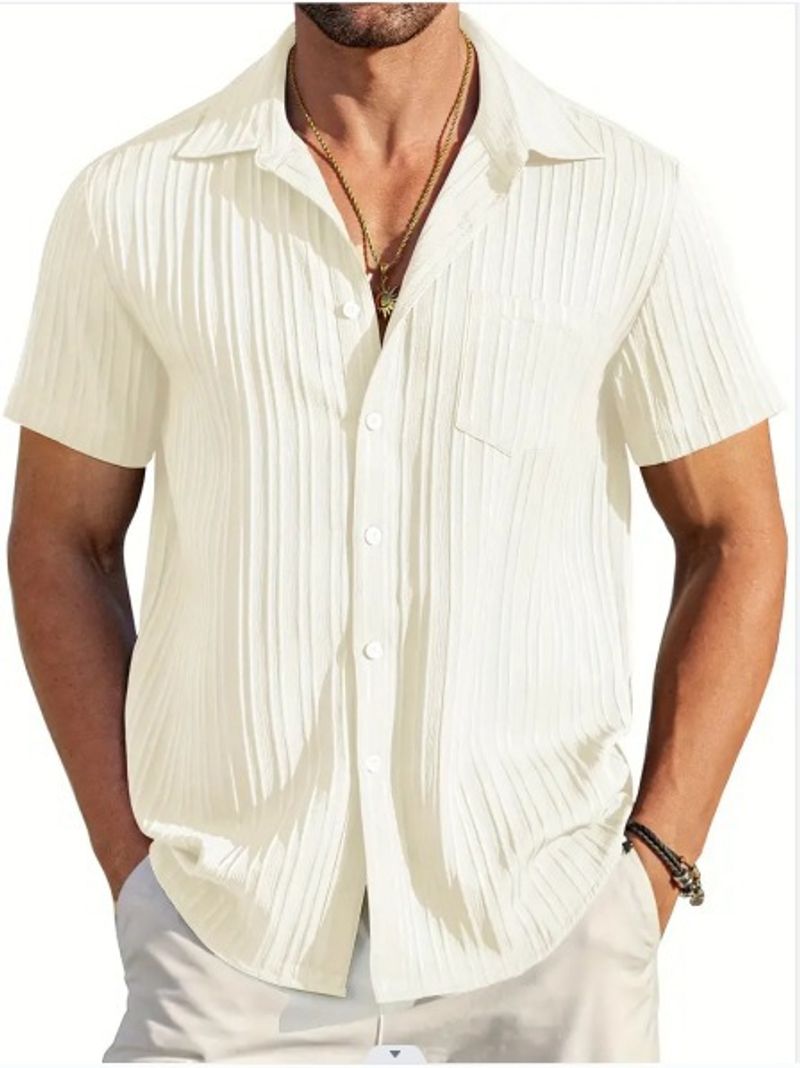 Katoenen, warme verkoop, herenoverhemden met korte mouwen, zomerse effen kleur, omslagkraag, casual, strandstijl, overhemd in grote maten, top_voghion.com