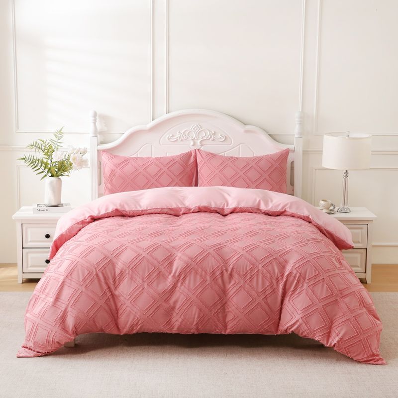 Pink Diamond Geometric Tufted Duvet Cover Set - 3-Piece Luxury Bedding (Soft & Breathable King/Queen Size Wrinkle-Resistant Hotel Collection Style)​_voghion.com