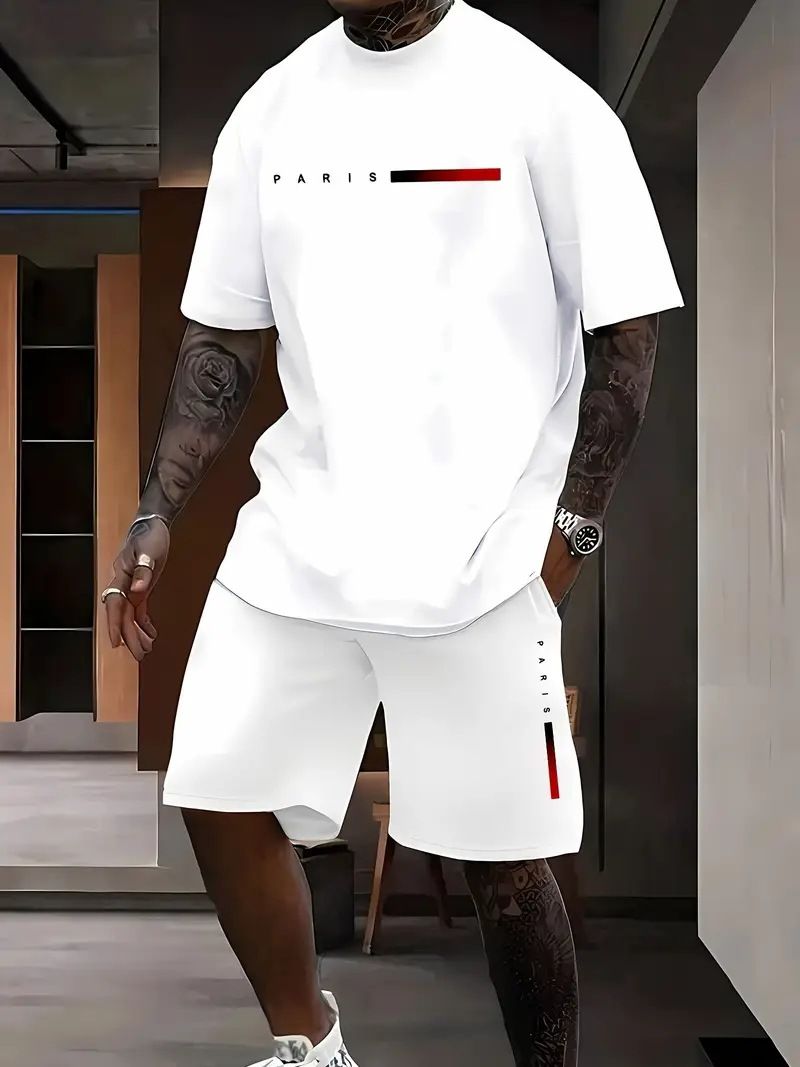 Herrenbekleidung Kurzarmanzüge Modetrend Brustdesign T-Shirt Shorts Zweiteiliger Anzug_voghion.com