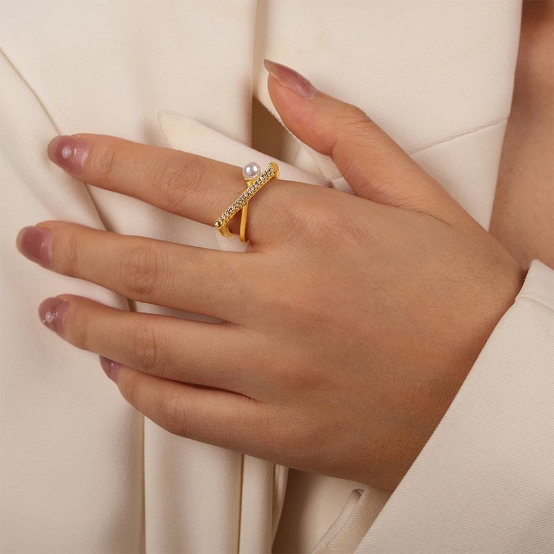 New Personalized Ring Simple Niche Design Copper Geometric Diamond Pearl Open Ring Jewelry_voghion.com