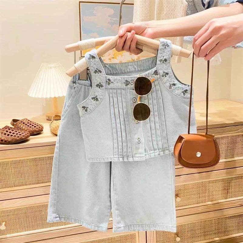 Kids Clothing girls vest suit children's embroidered flower top suspenders jeans_voghion.com
