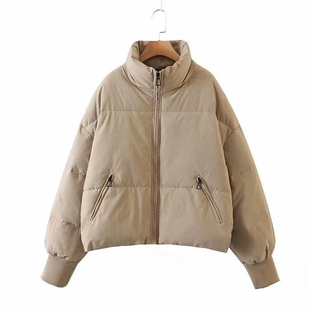 Women's Oversized Puffer Jacket, Short Casual Coat With Stand Collar, Cotton-Polyester Blend, Zip Front, Warm Winter Outerwear_voghion.com