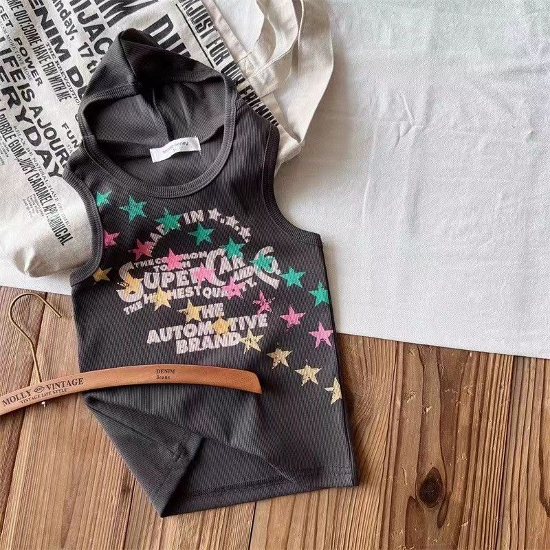 Roupas infantis Roupas infantis para meninos e meninas, estilo de verão de nicho de segunda mão, colete estilo capuz infantil sem mangas_voghion.com