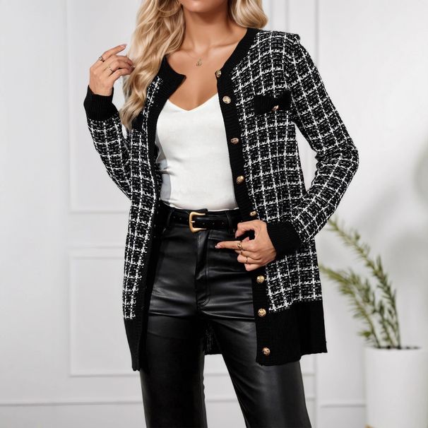 Damen-Strickjacke – Oversize-Langarm-Coatigan mit Knopfleiste vorne (XS-XL, Polyester, Schwarz-Weiß-Kariert, Retro & Elegant)_voghion.com