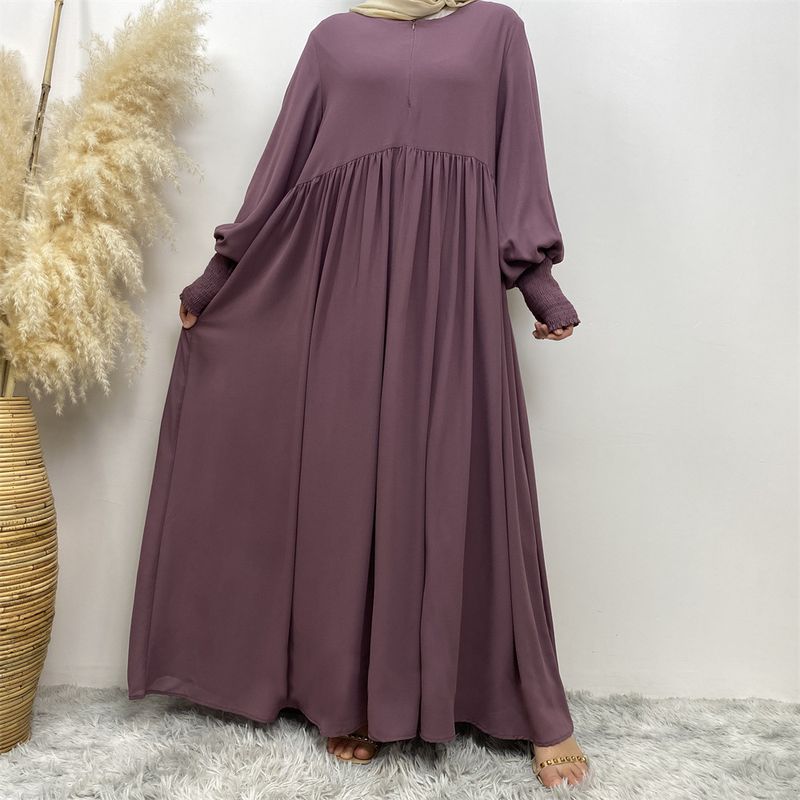 Women's Muslim simple solid color pleated elastic cuffs with front zipper full lining elegant chiffon dress _voghion.com