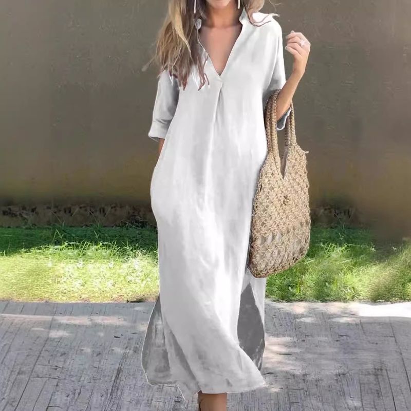 Damen Sommer Zwei-Seiten-Schlitztasche V-Ausschnitt 7-Punkt-Ärmel Brustfaltenkleid_voghion.com