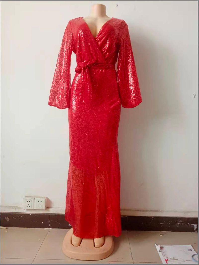 Women's 2023 spring and summer new sexy dress slit solid color sequin long mop evening dress skirt_voghion.com