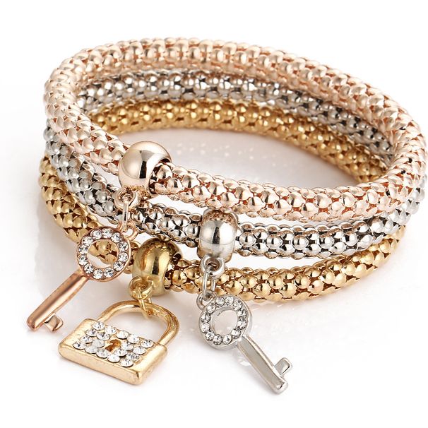 3-piece Key Lock Set Men's Elastic Bracelet Alloy Crystal Inlaid Fashion Popcorn Jewelry_voghion.com