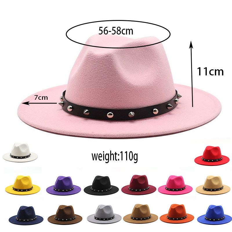 Novo chapéu de jazz de aba grande decorado com rebites, chapéu de personalidade estilo britânico, chapéu de lã de outono e inverno, chapéu de cowboy ocidental_voghion.com