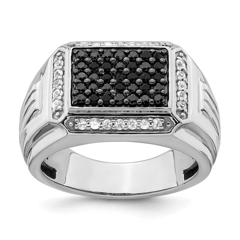 14k White Gold Polished Black And White Sapphire Mens Ring_voghion.com