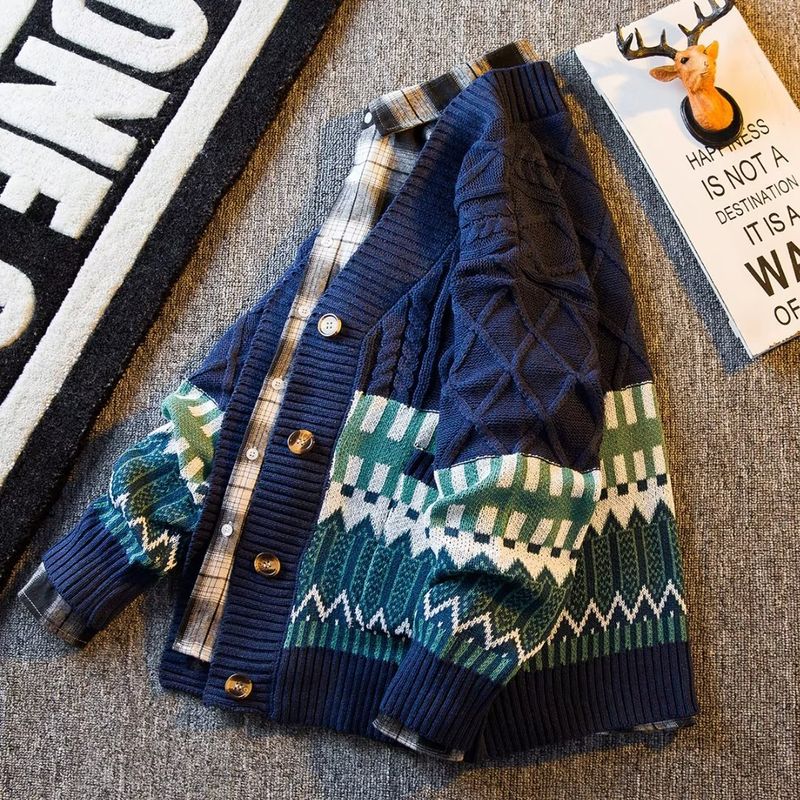 Vêtements pour hommes Pull Veste Hommes Automne Hiver Nouveau Japonais Rétro Colorblock Lâche Col V Cardigan Décontracté Pull Tricoté_voghion.com