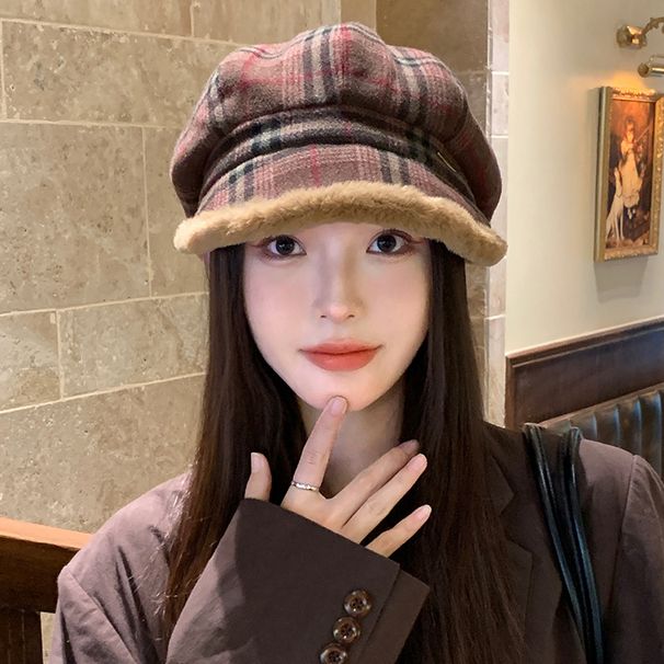 Autumn Winter Versatile Retro Plaid Frayed Beret Korean Fleece-Lined Warm Octagonal British Style Windproof Painter Hat_voghion.com