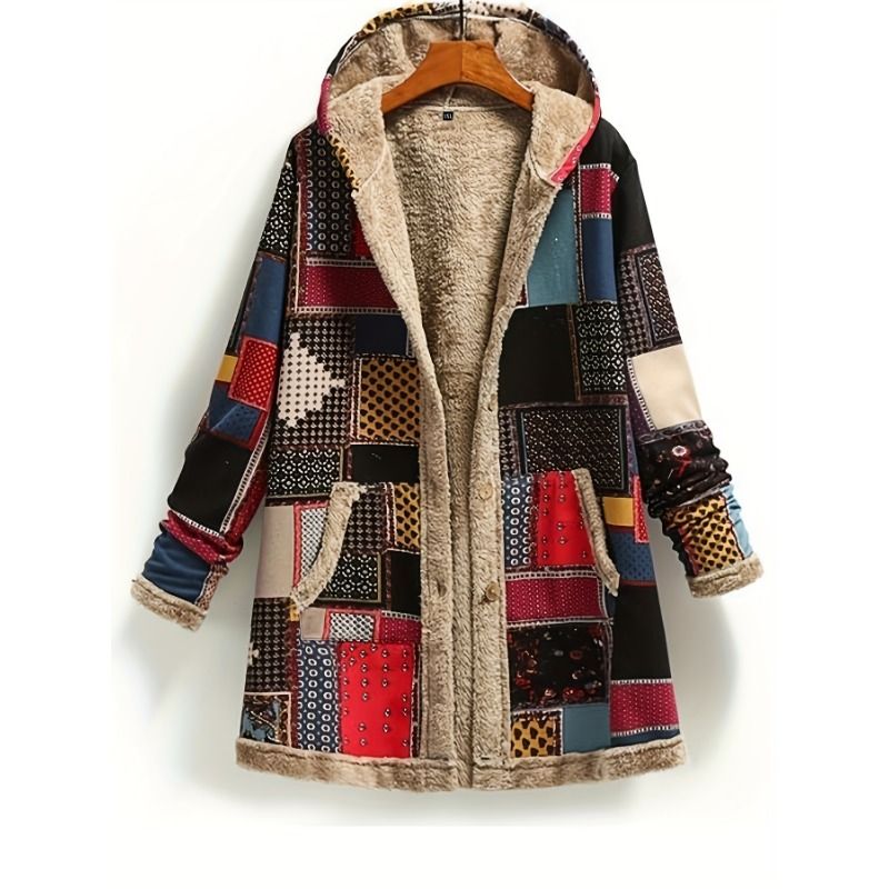 Giacca con cappuccio patchwork retrò, capispalla casual leggero abbottonato a maniche lunghe per autunno e inverno, abbigliamento da donna_voghion.com