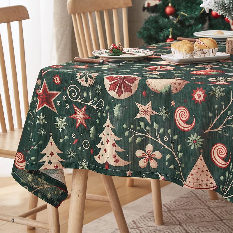Kersttafelkleedset – Premium polyester feesttafelkleed met feestelijke patronen (140x220cm, groene kerst) – elastische randen_voghion.com