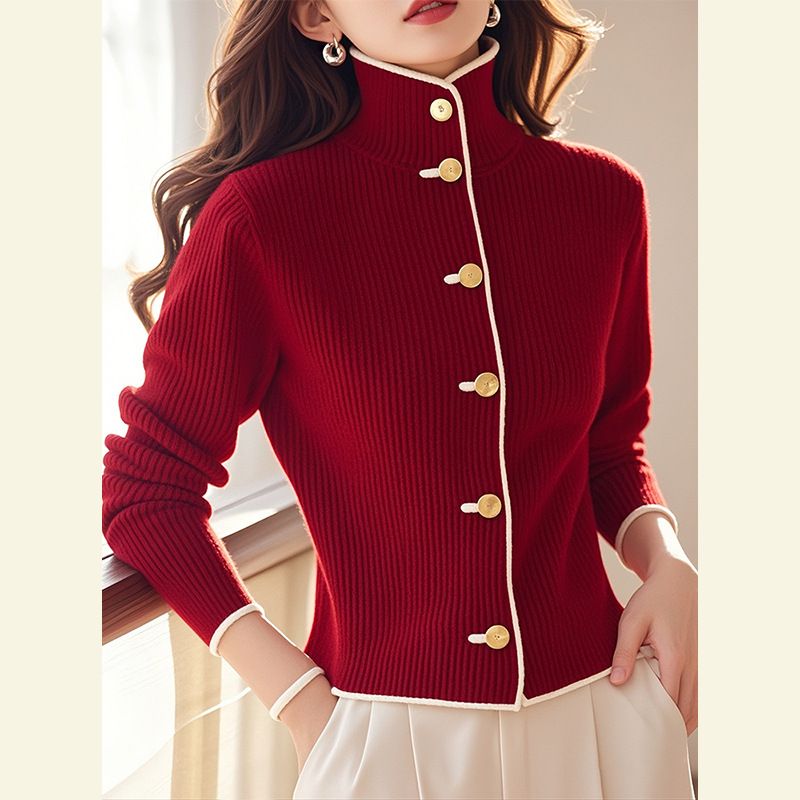 Women's Clothing Early Winter Light Luxury High End Lazy Style Red High Neck Knitted Cardigan_voghion.com