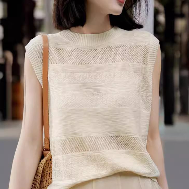 2024 Summ New Relief Jacquard Texture Soft, Skin friendly, Dry, Hollow out Round Neck Hoodie Tempament Knitted_voghion.com