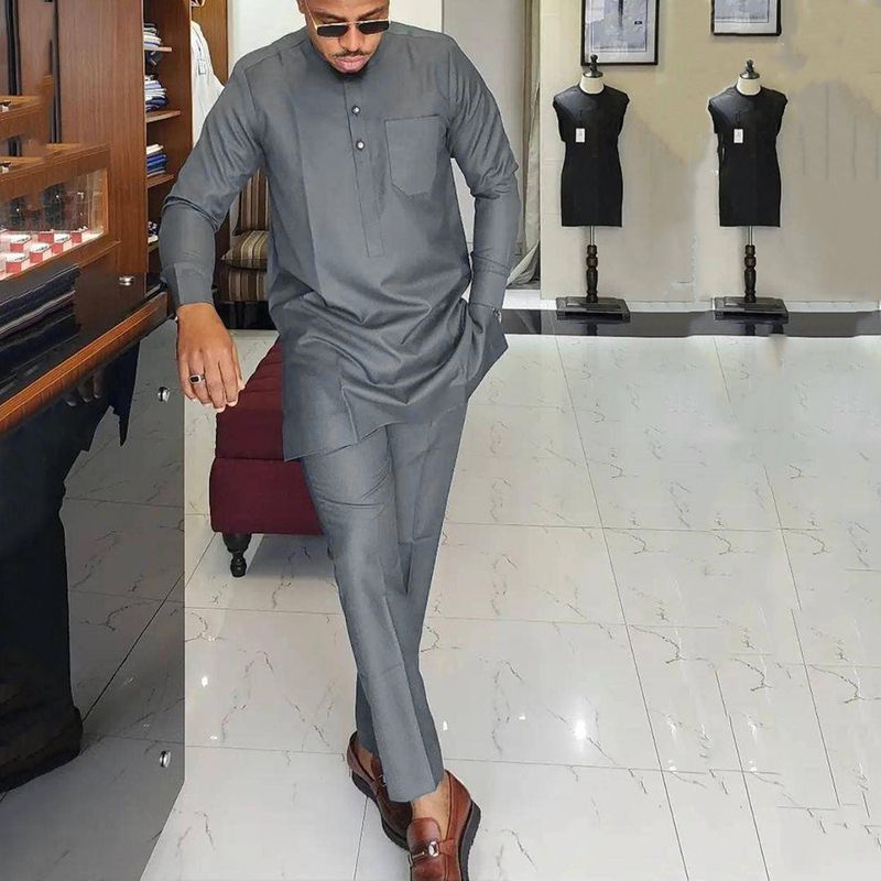 Muslim sets New Autumn and Winter Hot Selling Solid Color Simple Ethnic Style Men's Casual 2-piece Set_voghion.com