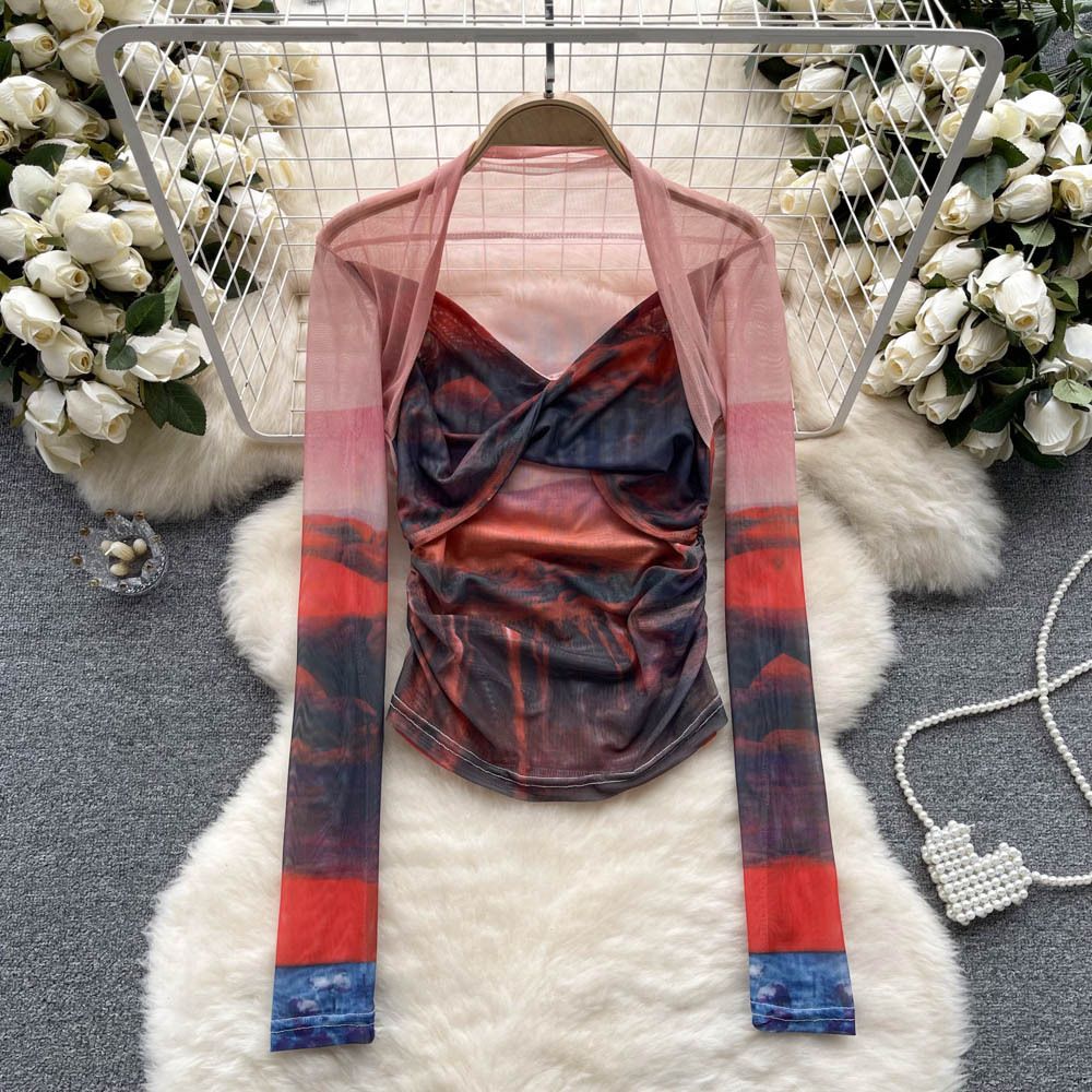 Abbigliamento da donna, maglietta a maniche lunghe con fondo in rete tinta in cravatta, maglietta da donna sottile, temperamento, moda, top plissettato sottile_voghion.com