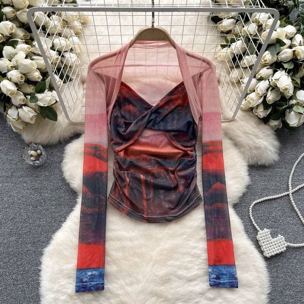 Abbigliamento da donna, maglietta a maniche lunghe con fondo in rete tinta in cravatta, maglietta da donna sottile, temperamento, moda, top plissettato sottile_voghion.com