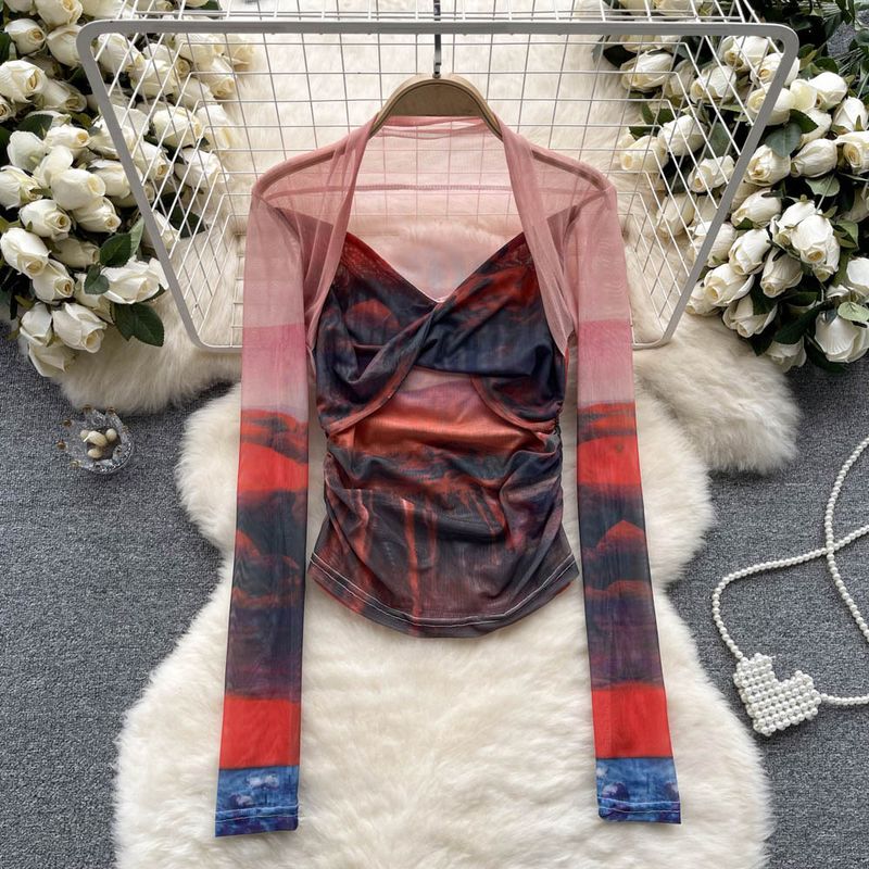 Women's Clothing Hot Girl Tie Dyed Mesh Bottoming Shirt Long Sleeved T Shirt Female Thin Perspective Temperament Fashion Slim Pleated Top_voghion.com