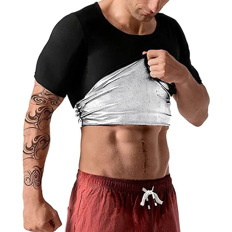 Nieuwe herenzilver gecoate sweatbroek met korte mouwen, strakke fitnesstraining, lichaamsvormende saunatop_voghion.com