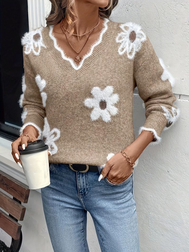 Eleganter Jacquard-Strickpullover mit Blumenmuster für Damen – Langarmpullover mit V-Ausschnitt, atmungsaktiv und stilvoll, perfekt für die Arbeit und die Freizeit_voghion.com