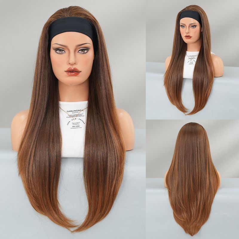 Women's headband wig high temperature silk Headband Wigs black long straight headscarf wig_voghion.com