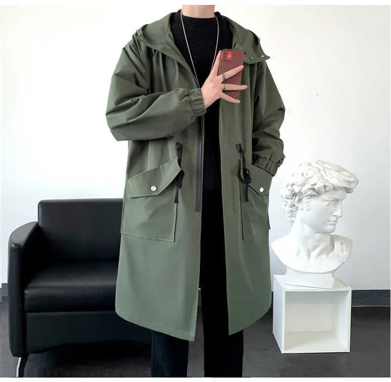 Men's Men'S Windbreaker Jacket Long Trench Oversize Loose Streetwear Hooded Vintage Black Coats High Street Casual Male_voghion.com