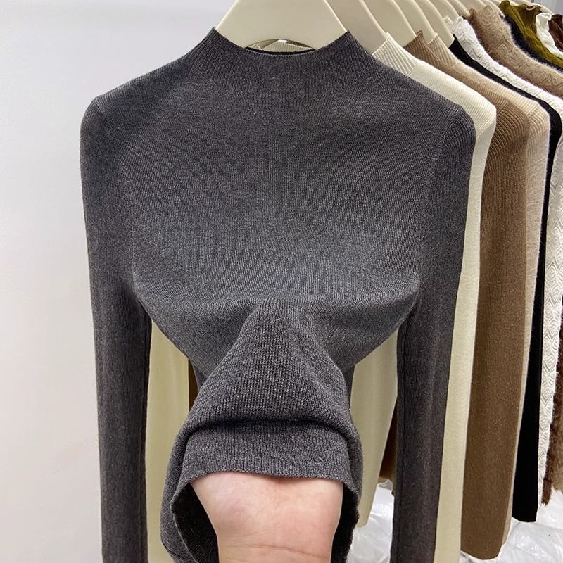 Pull en maille douce à col roulé semi-roulé pour femme, coupe ajustée, haut fin à superposer, tons neutres_voghion.com