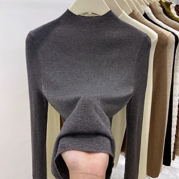Pull en maille douce à col roulé semi-roulé pour femme, coupe ajustée, haut fin à superposer, tons neutres_voghion.com