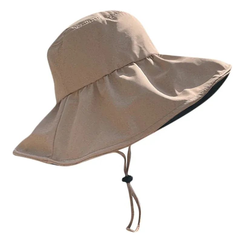 Venta caliente de sombreros finos de protección solar para mujeres, sombrero de pescador de ala grande coreano para verano, sombrero de sombrilla de goma negra_voghion.com