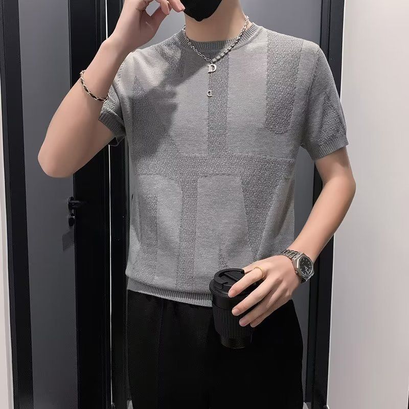 Ropa para hombres Camisetas de punto de manga corta de verano nuevas para hombres, camisetas de moda para jóvenes, ajustadas, de media manga, tops con personalidad_voghion.com