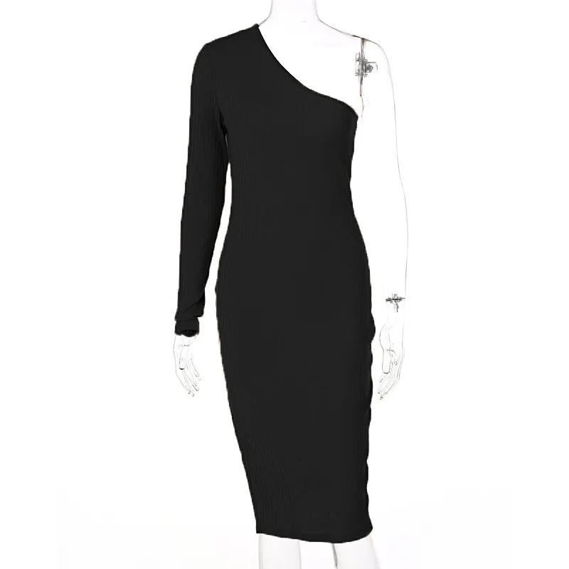 Women's Clothing fashion solid color knitted slanted shoulder slit dress_voghion.com