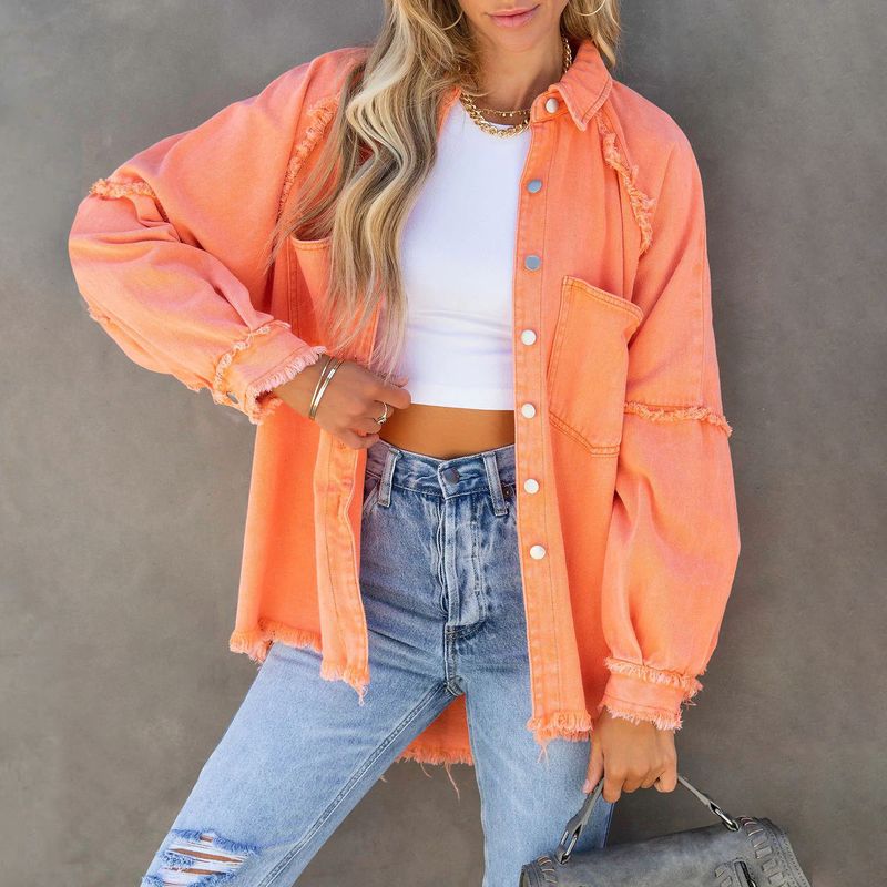 Vêtements pour femmes Veste en jean à manches longues pour femmes Veste ample mi-longue à bords bruts délavés_voghion.com