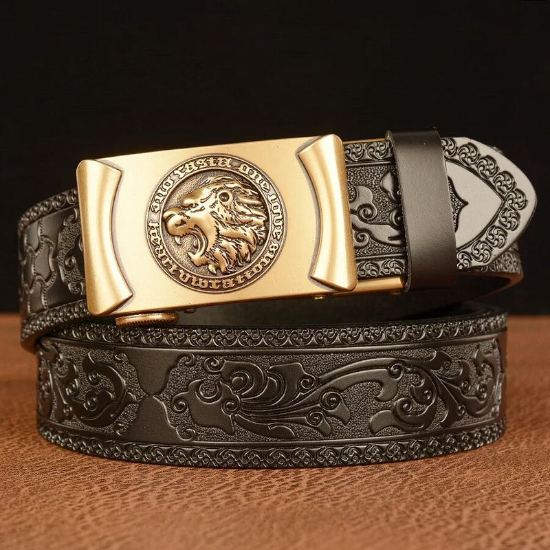 BOKADIAO Genuine Leather Belt Gold Lion Metal Automatic Bule Cowhide Belts for Men Jeans Waistband Male Strap_voghion.com