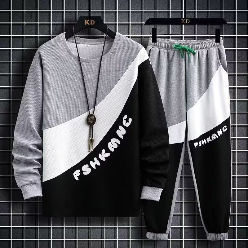 Teenage and guys young men Waffle suit young people handsome casual color matching trendy long-sleeved sweatshirt_voghion.com