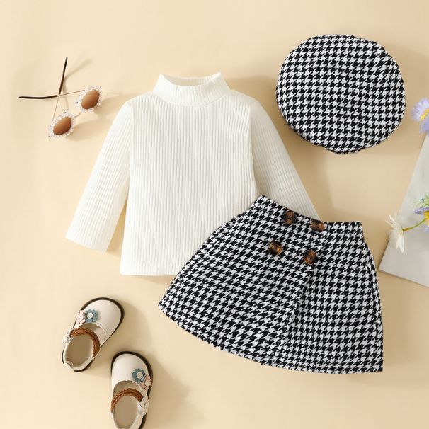 Toddler Girls Fashionable Turtleneck Long Sleeve Solid Color Top Houndstooth Skirt Plaid Beret Three Piece Set_voghion.com