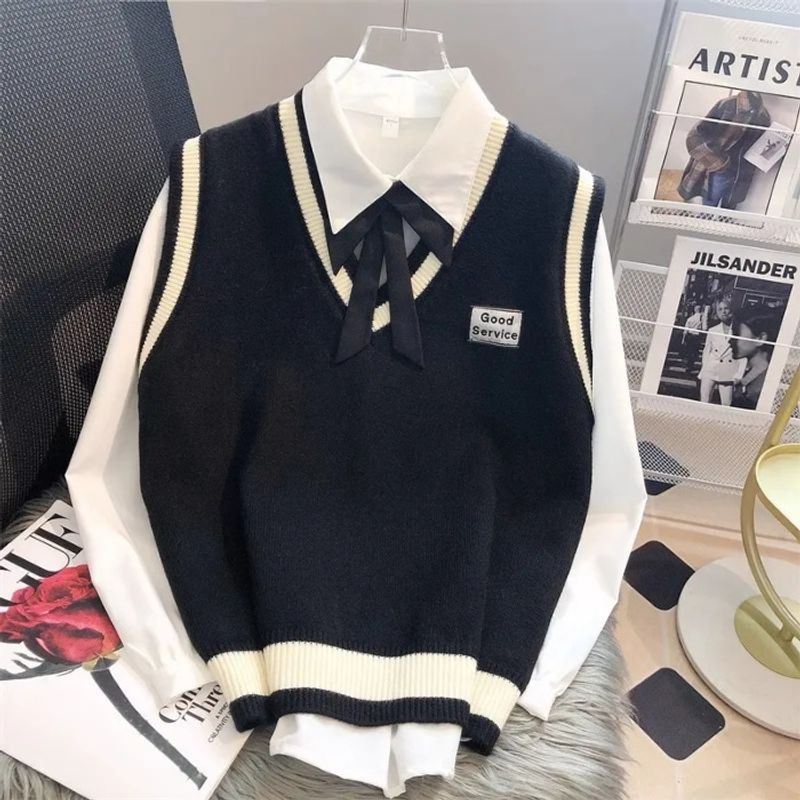 College style knitted for women in autumn and winter, layered on to, loose shoulder V-neck sleeveless sweater, vest_voghion.com