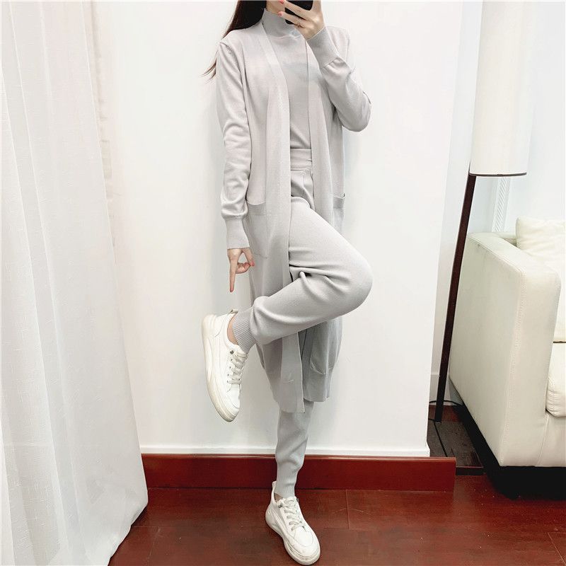  Costume de tempérament pour femmes, ensemble trois pièces, cardigan tricoté décontracté, gilet et pantalon, rajeunissant, mode automne_voghion.com