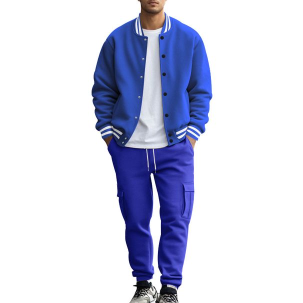 Autumn Winter American Style Stand Collar Baseball Jacket With Fleece Lined Pants Loose Fit Men's Sports Suit_voghion.com