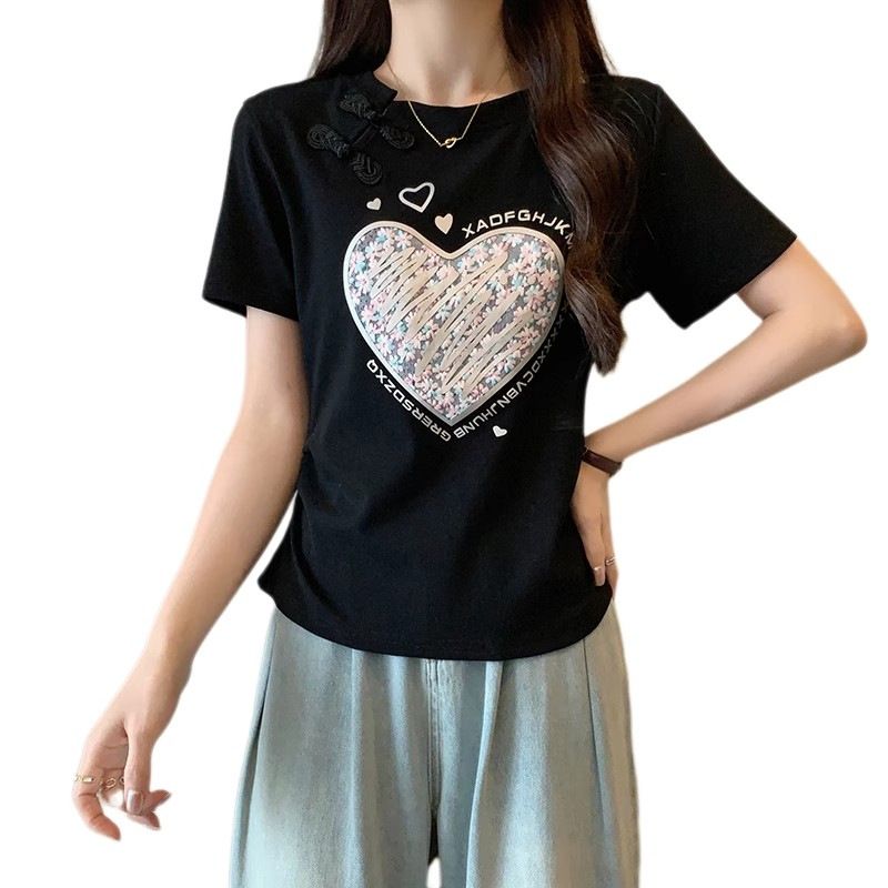 Maglietta a maniche corte stampata in stile cinese con fibbia a piastra per donna 2024 nuova maglietta interna bianca estiva, top snellente_voghion.com