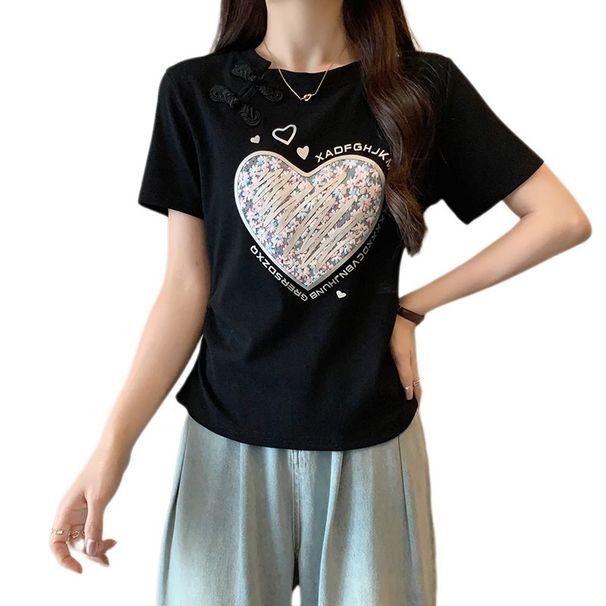 Maglietta a maniche corte stampata in stile cinese con fibbia a piastra per donna 2024 nuova maglietta interna bianca estiva, top snellente_voghion.com