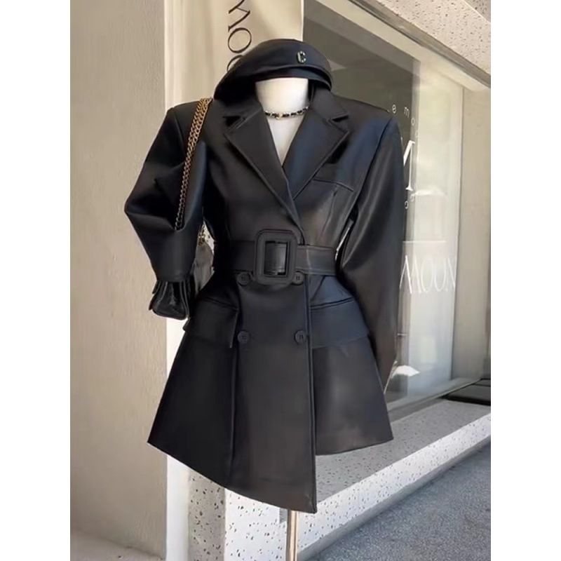 Women's Clothing Solid color retro good looking leather jacket ins women's autumn and winter new style royal style high end waist suit jacket trendy_voghion.com